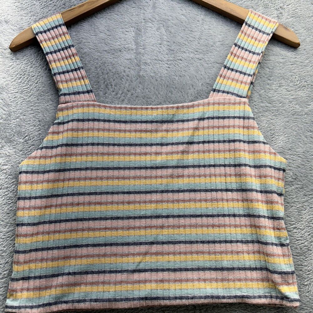 Y2K American Eagle Tank Top L Milkmaid Dainty Ribbed Striped Square Neck Cropped